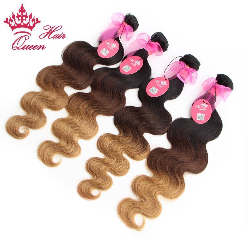 Picture of Queen Hair Products Ombre Hair Extensions Brazilian Virgin Hair Body Wave Three Tone Color #1b #4 #27 Ombre Human Hair Weaves