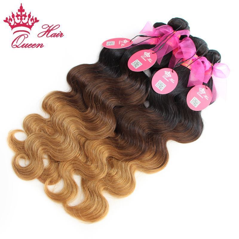 Picture of Queen Hair Products Ombre Hair Extensions Brazilian Virgin Hair Body Wave Three Tone Color #1b #4 #27 Ombre Human Hair Weaves