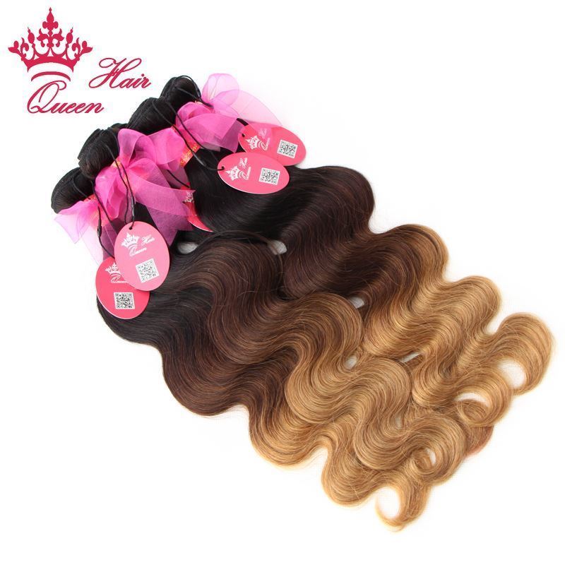 Picture of Queen Hair Products Ombre Hair Extensions Brazilian Virgin Hair Body Wave Three Tone Color #1b #4 #27 Ombre Human Hair Weaves