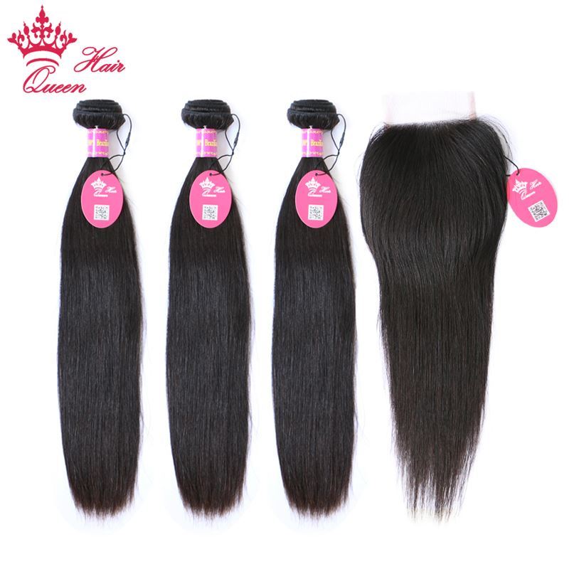 Picture of Queen Hair Products Virgin Brazilian Straight 3 Bundles With Closure Natural Color 100% Human Hair Lace Closure Free Shipping