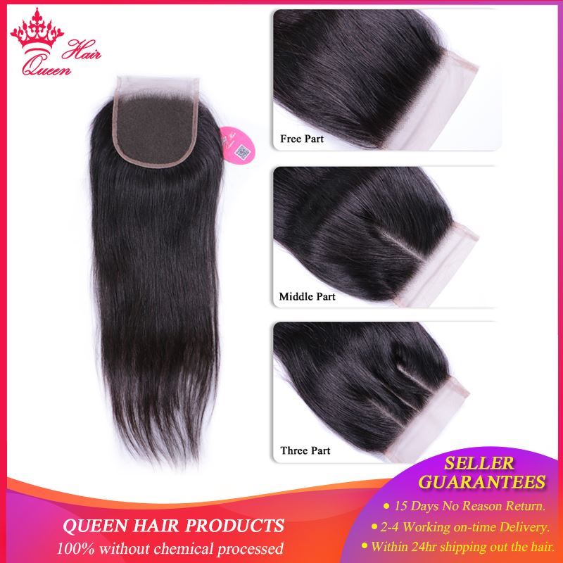 Picture of Queen Hair Products 100% Human Hair Brazilian Straight 3 Bundles With Closure virgin Hair Extensions Natural color Lace Closure