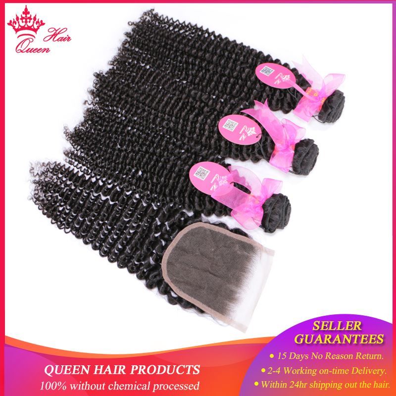 Photo de Queen Hair Products 100% Brazilian Human Hair Bundles With Closure Kinky Curly Natural Color 3 Bundles With 4x4 Lace Closure