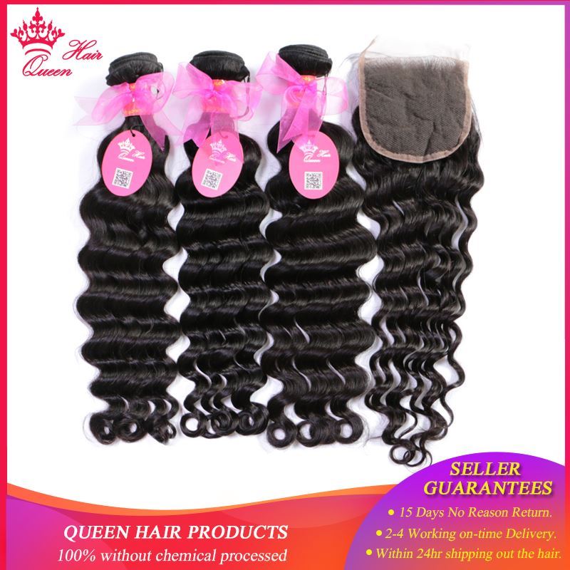 Picture of Queen Hair Products Brazilian Natural Wave Lace Closure Remy Weft Hair Weave 3 Bundles Human Hair Bundles With Closure 4pcs/lot