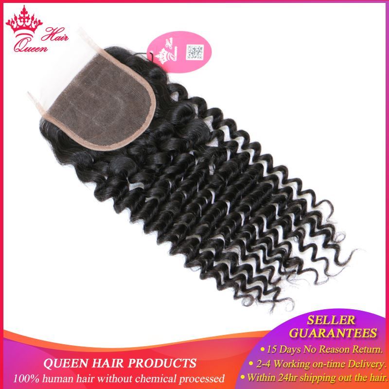 Picture of Queen Hair Products Brazilian Virgin Hair Deep Wave 4x4 Swiss Lace Closure 10"-20" Natural Color 100% Human Hair Free Part