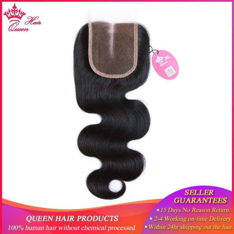 Picture of Queen Hair Products Swiss Lace Closure 4x4 Brazilian Virgin Human Hair Middle Part Body Wave 130% density Free Shipping