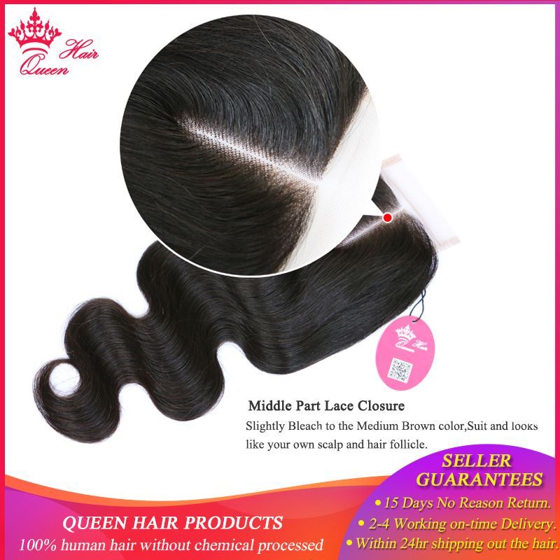 Picture of Queen Hair Products Swiss Lace Closure 4x4 Brazilian Virgin Human Hair Middle Part Body Wave 130% density Free Shipping