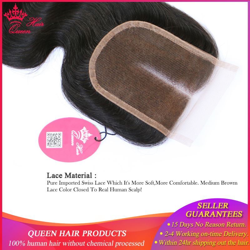 Picture of Queen Hair Products Swiss Lace Closure 4x4 Brazilian Virgin Human Hair Middle Part Body Wave 130% density Free Shipping