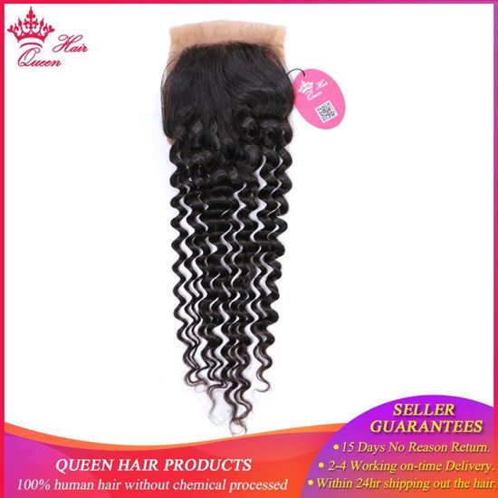 Picture of Queen Hair Products Brazilian Virgin Hair Deep Wave Silk Base Closure 100% Human Hair 3.5"*4" Swiss Lace Natural Color