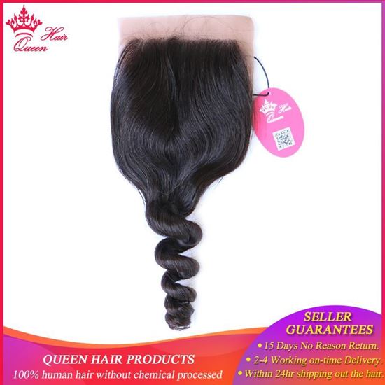 Picture of Queen Hair Products Silk Base Closure Brazilian Virgin Hair Loose Wave 100% Human Hair Swiss Lace Natural Color