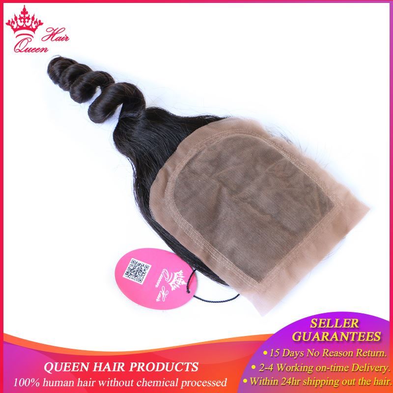 Picture of Queen Hair Products Silk Base Closure Brazilian Virgin Hair Loose Wave 100% Human Hair Swiss Lace Natural Color