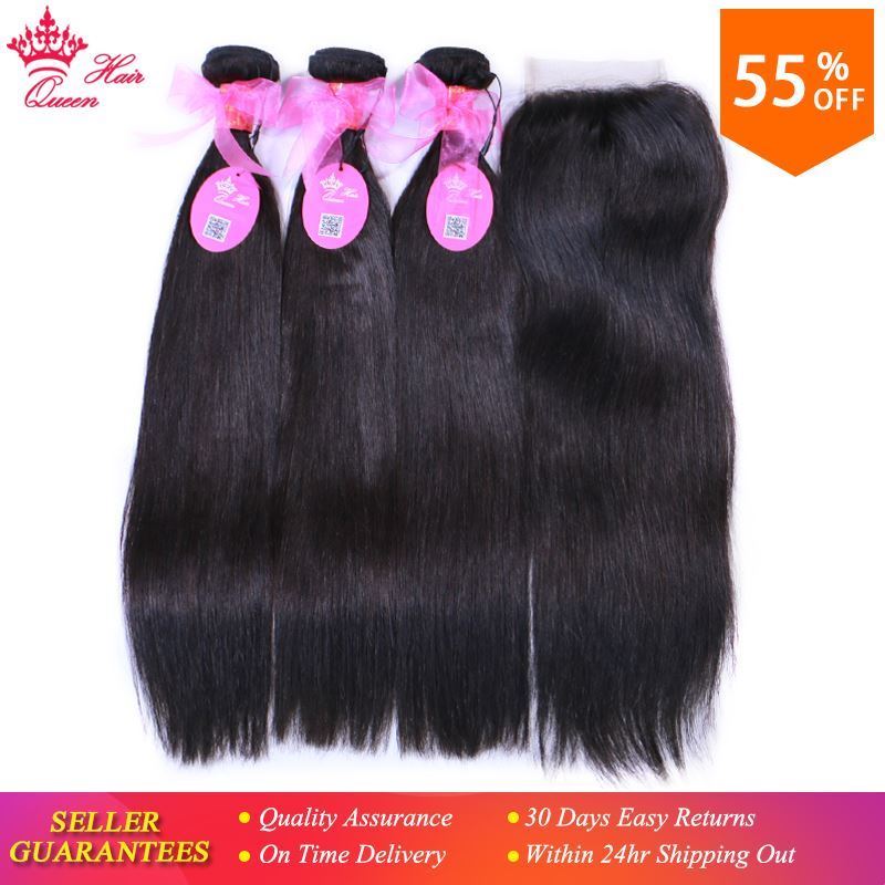 Photo de Queen Hair Products 100% Human Hair Brazilian Straight 3 Bundles With Closure virgin Hair Extensions Natural color Lace Closure