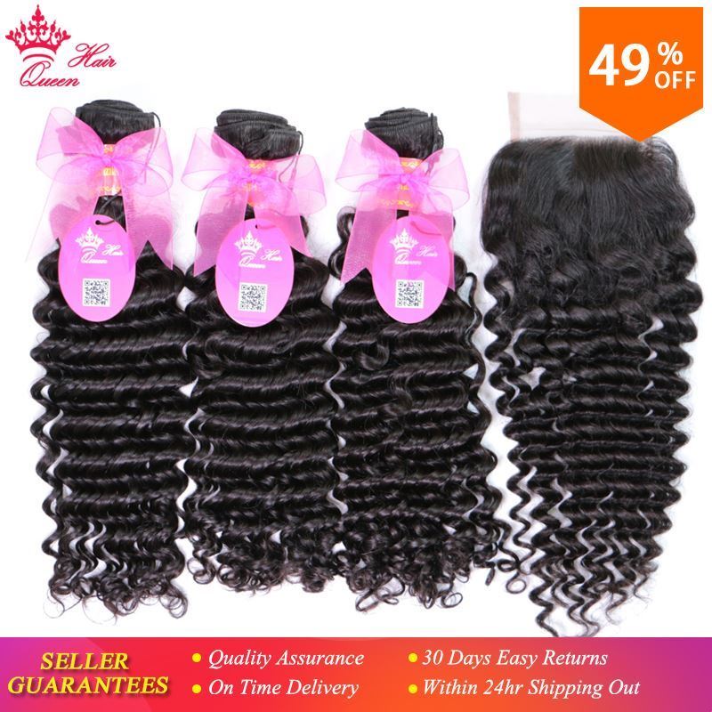 Picture of 100% Human Brazilian Hair Deep Wave Bundles With Closure Weave Free Part Lace Closure with Hair virgin hair Queen Hair Products