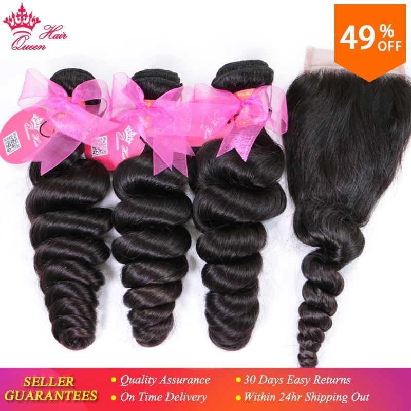 Picture of Queen Hair Products Brazilian Loose Wave Bundles with Closure 100% Human Hair 3 Bundles With Lace Closure Fast Free Shipping