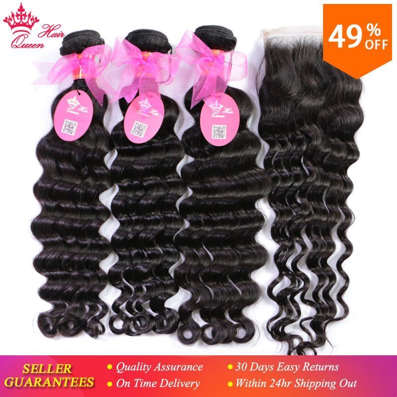 Photo de Queen Hair Products Brazilian Natural Wave Lace Closure Remy Weft Hair Weave 3 Bundles Human Hair Bundles With Closure 4pcs/lot