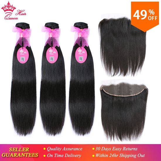 Picture of Queen Hair Brazilian Straight Hair Weave 3Bundles With 1 Piece Lace Frontal Closure Virgin Human Hair Bundles Deal Free Shipping