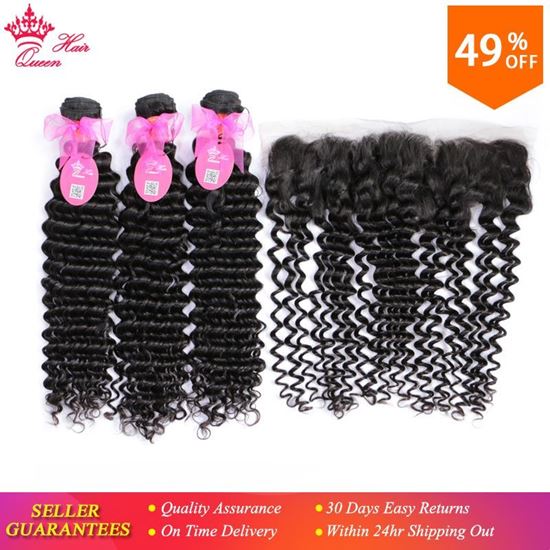 Picture of Queen Hair Products 100% Human Hair 3 Bundles with Lace Closure Brazilian Deep Wave Bundles with Frontal Closure Remy Hair 4pcs