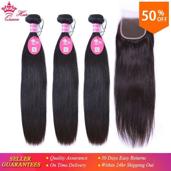 Picture of Queen Hair Products Virgin Brazilian Straight 3 Bundles With Closure Natural Color 100% Human Hair Lace Closure Free Shipping