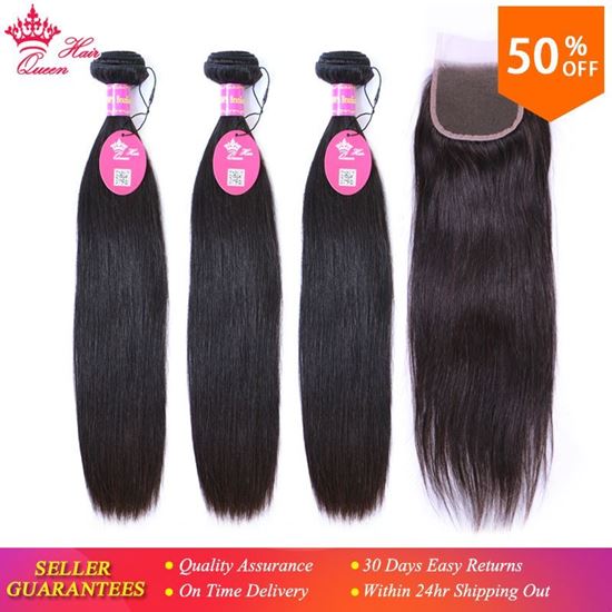 Photo de Queen Hair Products Virgin Brazilian Straight 3 Bundles With Closure Natural Color 100% Human Hair Lace Closure Free Shipping