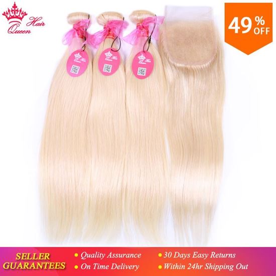 Picture of Queen Hair Products #613 Blonde Brazilian Human Hair Weave Bundles with Closure Straight Bundles with Lace Closure 4pcs/lot