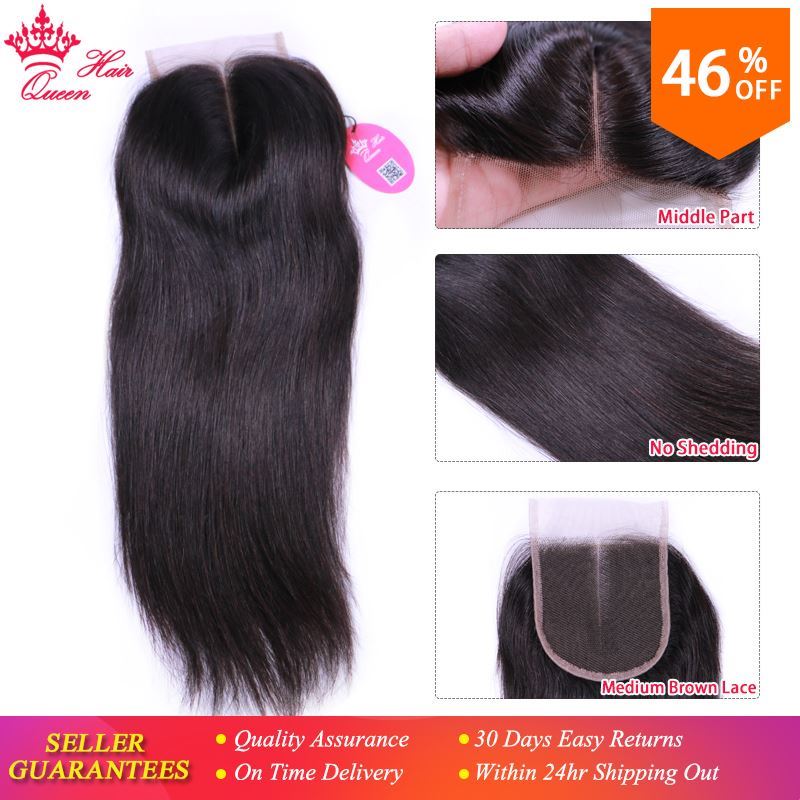 Picture of Queen Hair Products Brazilian Virgin Hair Closure 4x4 Middle Part Straight Natural Color 1B Swiss Lace Fast Free Shipping
