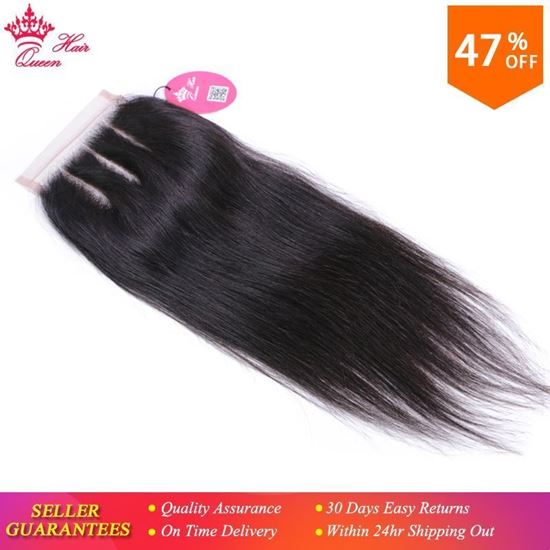 Picture of Queen Hair Products Lace Closure Brazilian Straight Virgin Human Hair Natural Color 4x4 Three Part Top Swiss Shipping Free