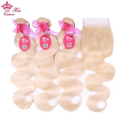 Photo de #613 Blonde Body Wave Brazilian Human Hair Weave Bundles with Closure, 3pcs Remy Hair and 1pc Lace Closure Queen Hair 4pcs/lot
