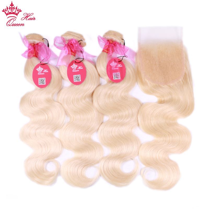 Picture of #613 Blonde Body Wave Brazilian Human Hair Weave Bundles with Closure, 3pcs Remy Hair and 1pc Lace Closure Queen Hair 4pcs/lot