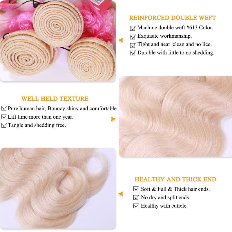 Picture of #613 Blonde Body Wave Brazilian Human Hair Weave Bundles with Closure, 3pcs Remy Hair and 1pc Lace Closure Queen Hair 4pcs/lot