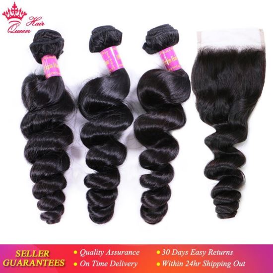 Picture of Queen Hair Products Brazilian Loose Wave Bundles With Lace Closure Free Part or Middle part 100% Virgin Human Hair Natural Color