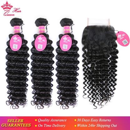 Picture of Queen Hair Products 3pcs Brazilian Deep Wave Human Hair Bundles With Lace Closure Middle/ Free Part Virgin Hair Natural Color