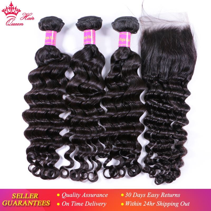 Picture of Queen Hair Products Brazilian Natural Wave More Wave 3 Bundles With Closure 100% Virgin Human Hair Bundles With Lace Closure