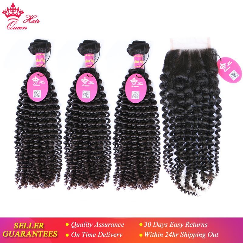 Picture of Queen Hair Products Brazilian Kinky Curly Bundles With Lace Closure Free Part Virgin Human Hair 12" to 28" Natural Color