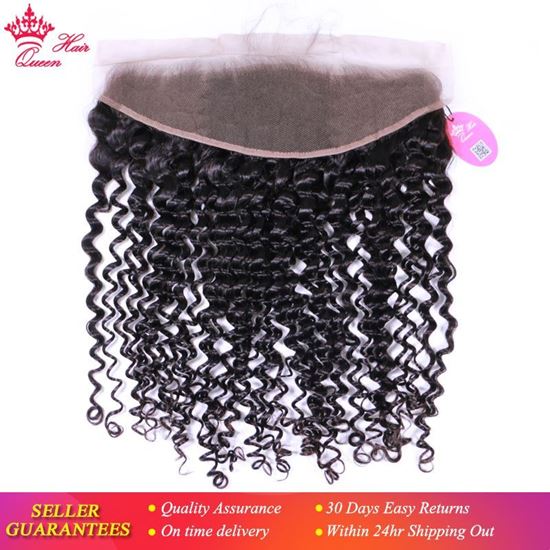 Picture of Queen Hair Products Deep Curly wave Brazilian Virgin Human Hair Lace Frontal Closure 13"x4" ear to ear 10"-20" Natural Color 1B