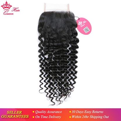 Picture of Queen Hair Products Brazilian Virgin Hair Deep Wave 4x4 Swiss Lace Closure 10"-20" Natural Color 100% Human Hair Free Part