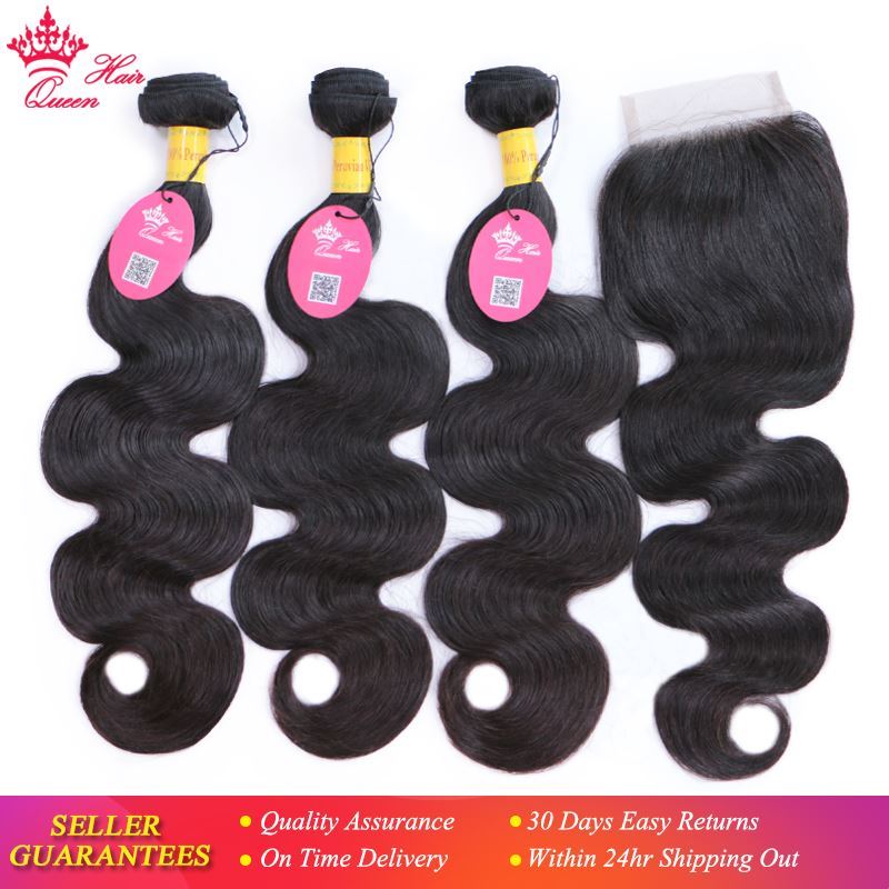 Picture of Queen Hair Products Peruvian Virgin Human Hair Body Wave 3 Bundles With Lace Closure Natural Color Free Shipping 4pcs/lot