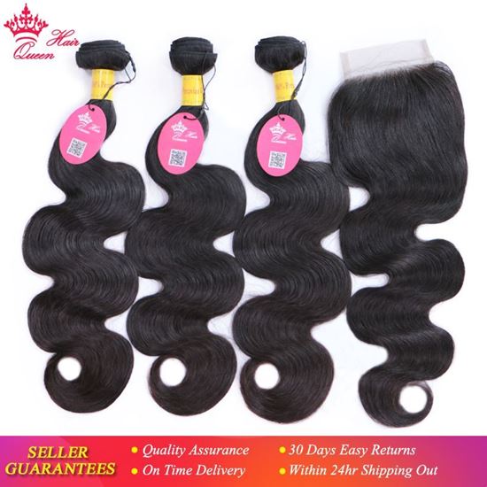 Picture of Queen Hair Products Peruvian Virgin Human Hair Body Wave 3 Bundles With Lace Closure Natural Color Free Shipping 4pcs/lot