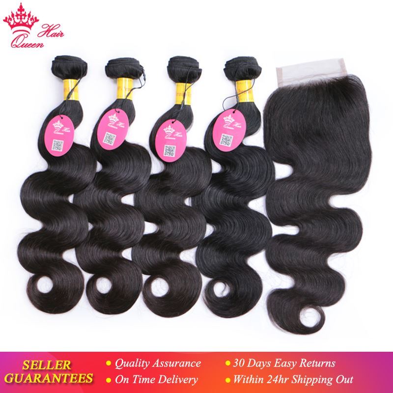 Picture of Queen Hair Products Peruvian Virgin Hair Body Wave 4 Bundles With Closure 100% Human Hair 5pcs/lot Bundles with Lace Closure