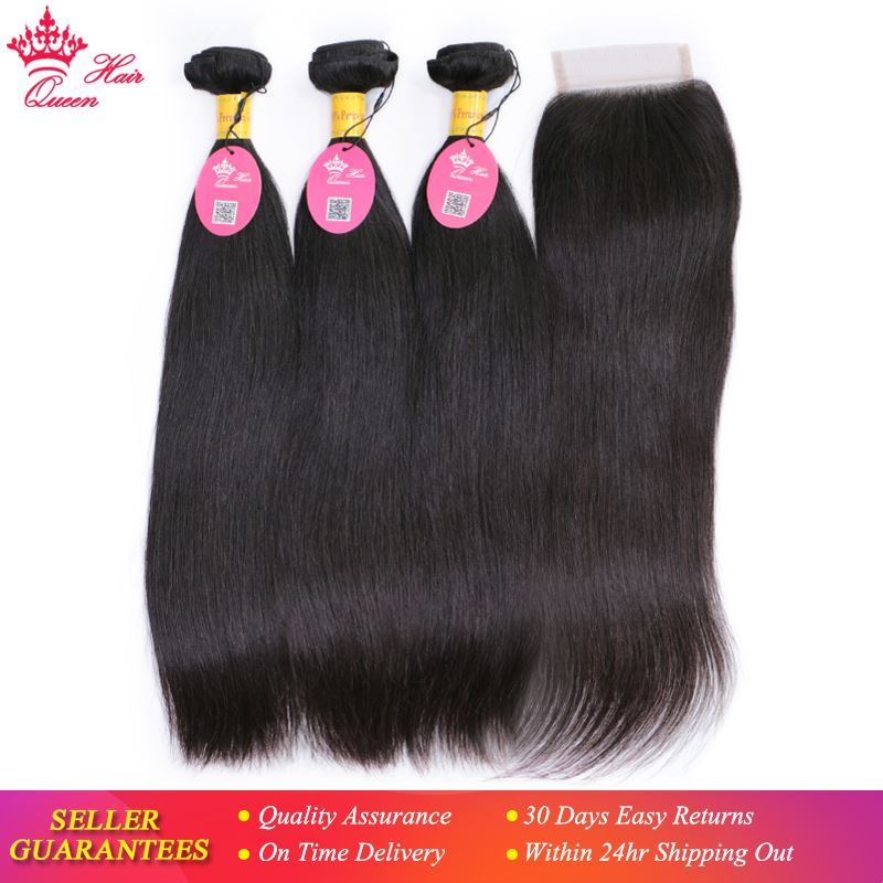 Photo de Queen Hair Peruvian Virgin Straight Hair 3 Bundles With Closure 100% Unprocessed Human Hair Weave Bundles With Lace Top Closure