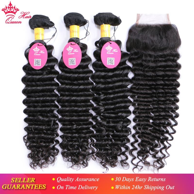 Photo de Queen Hair 100% Unprocessed Human Hair Peruvian Deep Wave Virgin Hair 3 Bundles with Lace Closure, Bundle with Closure 4pcs/lot