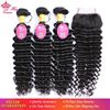 Picture of Queen Hair 100% Unprocessed Human Hair Peruvian Deep Wave Virgin Hair 3 Bundles with Lace Closure, Bundle with Closure 4pcs/lot