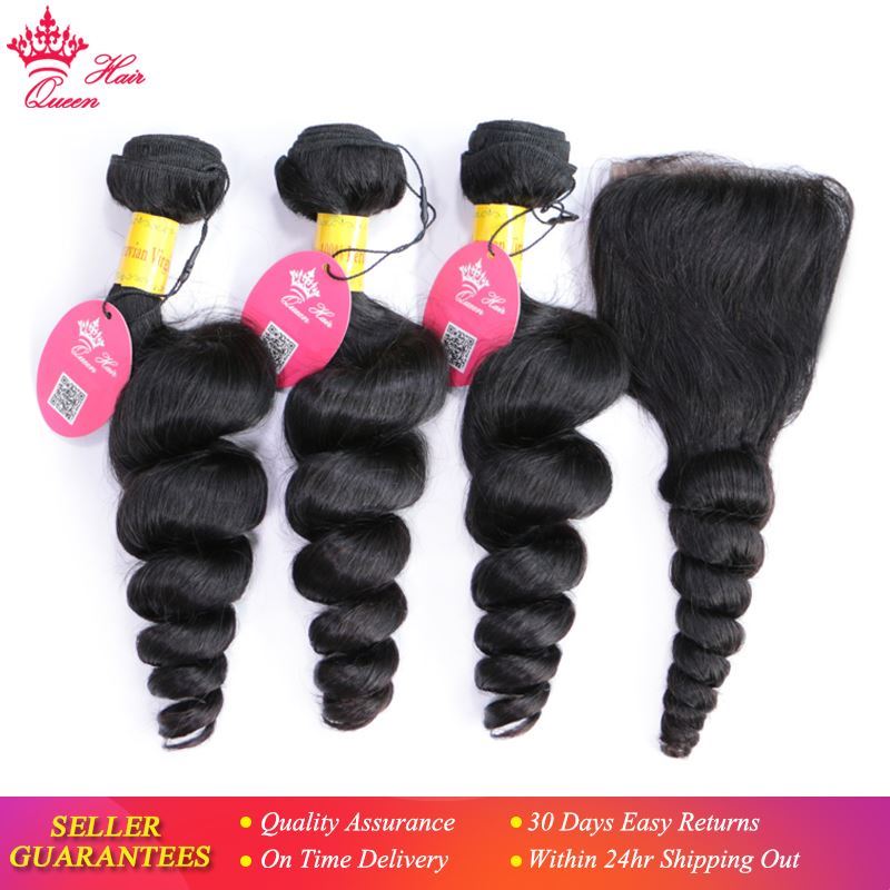 Photo de Queen Hair Peruvian Loose Wave 3 Bundles With Lace Closure 100% Unprocessed Virgin Human Hair Weave Extension 4pcs/lot