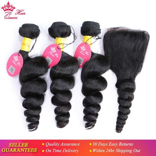 Picture of Queen Hair Peruvian Loose Wave 3 Bundles With Lace Closure 100% Unprocessed Virgin Human Hair Weave Extension 4pcs/lot