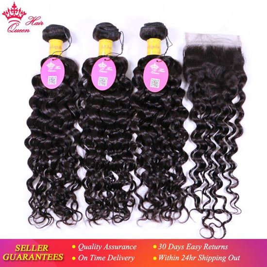 Picture of Queen Hair Water Wave Hair Bundles with Closure 100% Virgin Human Hair Bundles with Lace Closure Peruvian Hair Weave Bundles