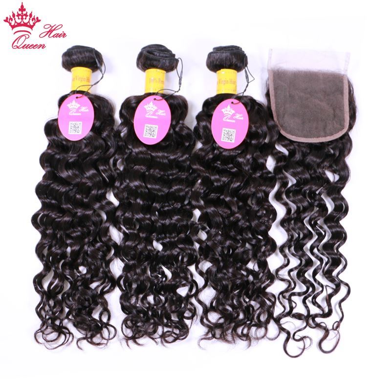 Photo de Queen Hair Water Wave Hair Bundles with Closure 100% Virgin Human Hair Bundles with Lace Closure Peruvian Hair Weave Bundles