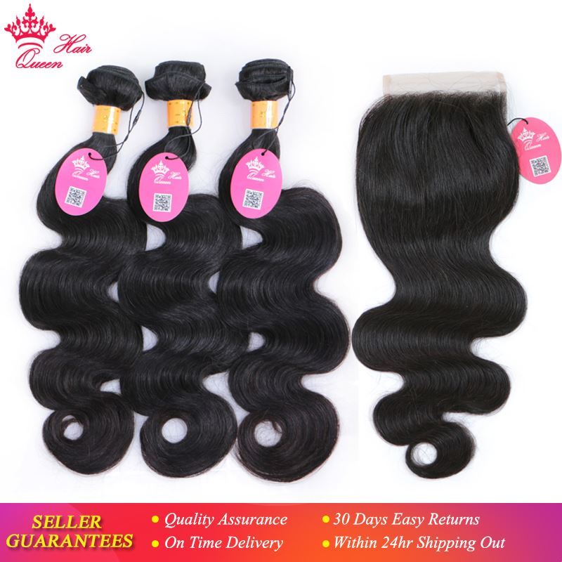 Picture of Queen Hair Products 4pcs/lot Indian Body Wave 3 Bundles With Closure 100% Human Hair With Closure Hair Weave Extensions
