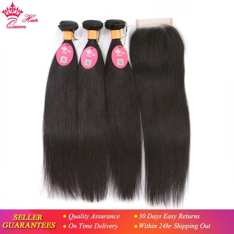 Picture of Queen Hair Products Indian Straight Human Hair Bundles with Closure 3 Bundles With LacClosure Natural Color Hair Extensions