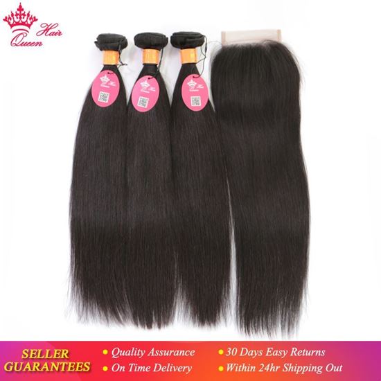 Picture of Queen Hair Products Indian Straight Human Hair Bundles with Closure 3 Bundles With LacClosure Natural Color Hair Extensions