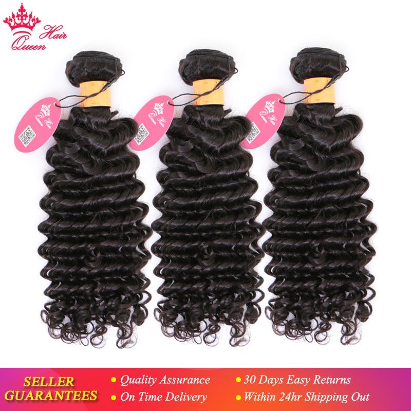 Picture of Queen Hair 100% Indian Human Hair Deep Wave Bundles 3pcs/lot Weave Natural Color 1B Hair Extensions 10"-30" Free Shipping