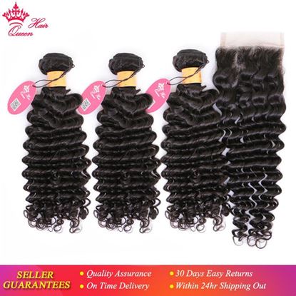 Picture of Queen Hair Products 100% Human Hair Bundles With Closure Indian Hair Deep Wave 3 Bundles With Lace Closure Natural Color