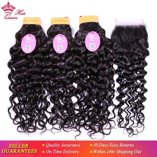 Picture of Queen Hair Products Indian Water Wave Hair Bundles With Closure 100% Human Hair Bundles With Closure 4x4 Free Part Hair